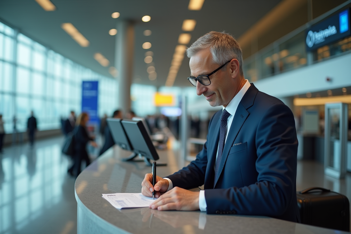 Homme d'affaires remplissant une declaration de douane à l'aéroport