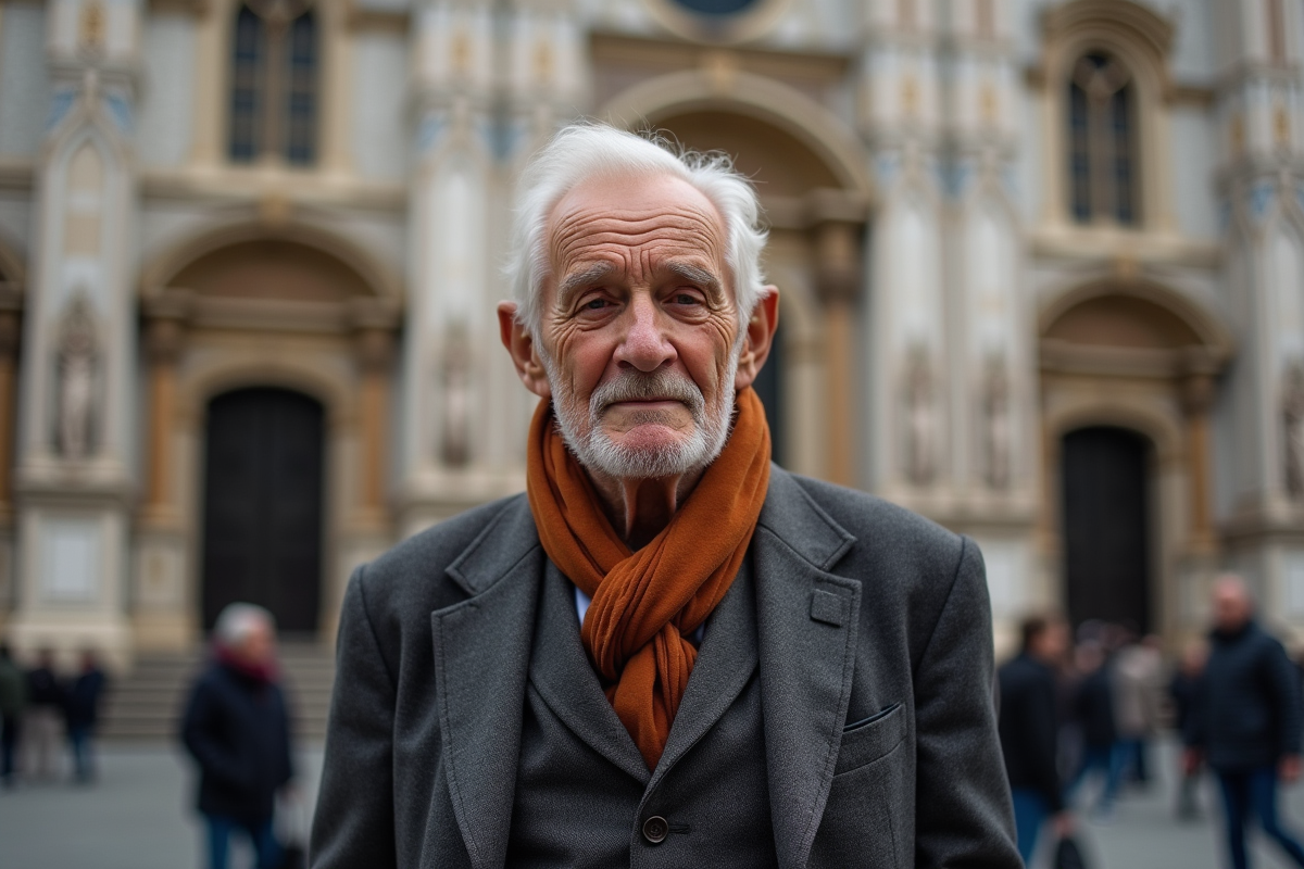 Homme âgé en costume devant une cathédrale ancienne