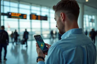 Homme consultant une application de suivi de vols en direct sur smartphone dans un aéroport moderne