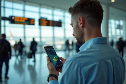 Homme consultant une application de suivi de vols en direct sur smartphone dans un aéroport moderne