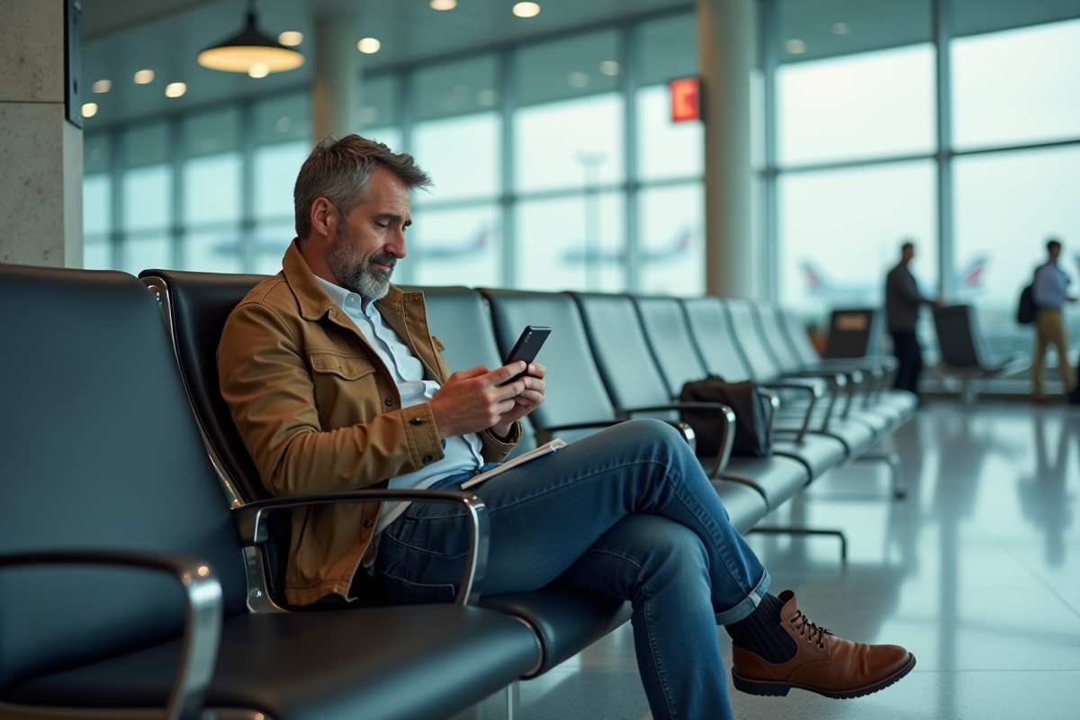 Homme d'âge moyen dans un aéroport en attente avec smartphone