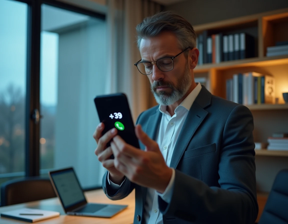 Homme en bureau à domicile inspectant un appel téléphonique avec l'indicatif international 39 de l'Italie sur son téléphone