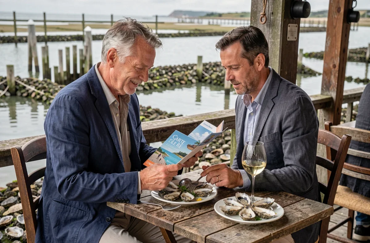 Homme consultant la Carte de l'île de Ré en terrasse d'un bar à huîtres face aux parcs ostréicoles du littoral atlantique
