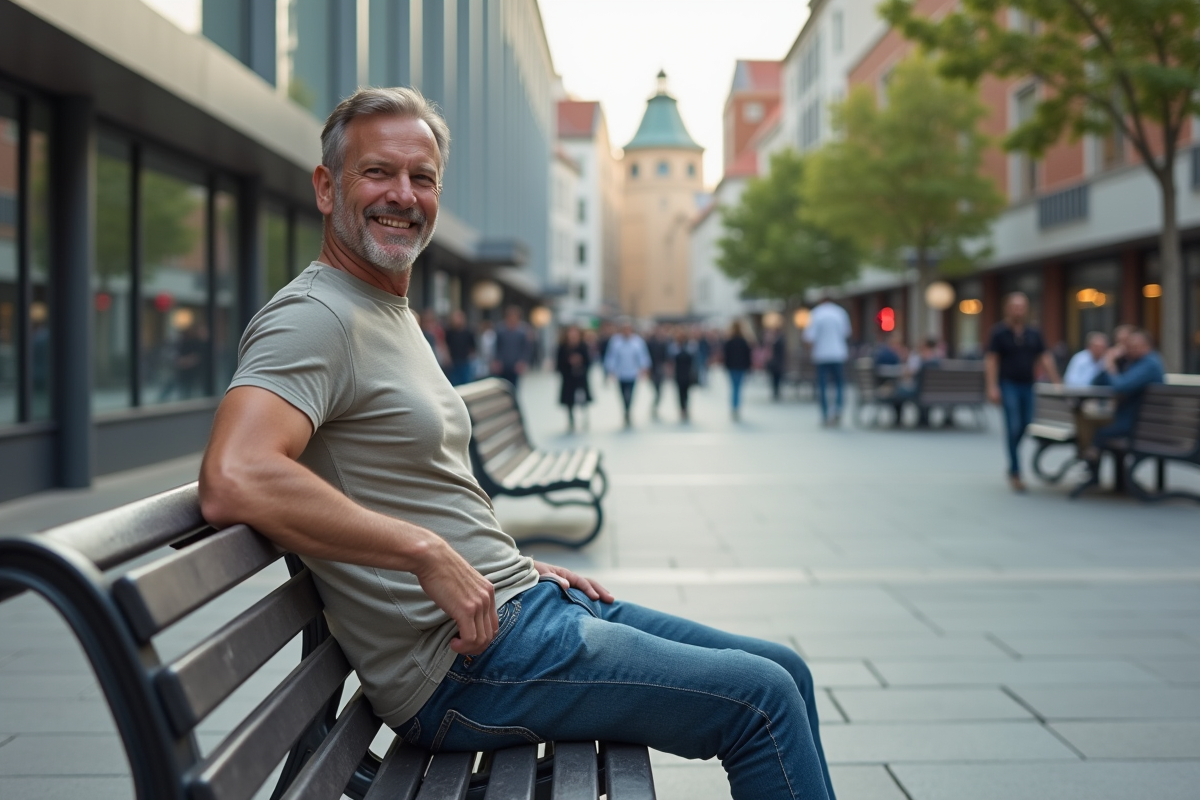 Homme détendu assis sur un banc en ville