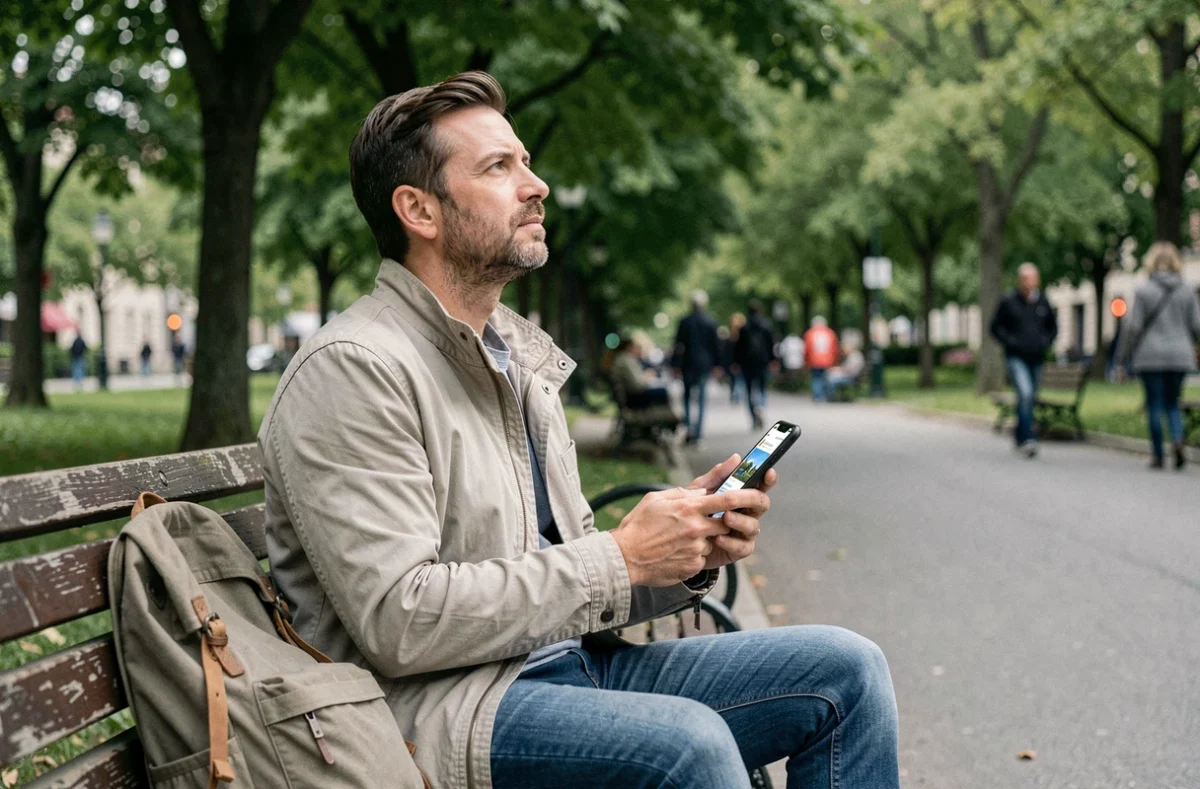 Homme consultant un site de voyage sur smartphone dans un parc urbain pour planifier ses vacances