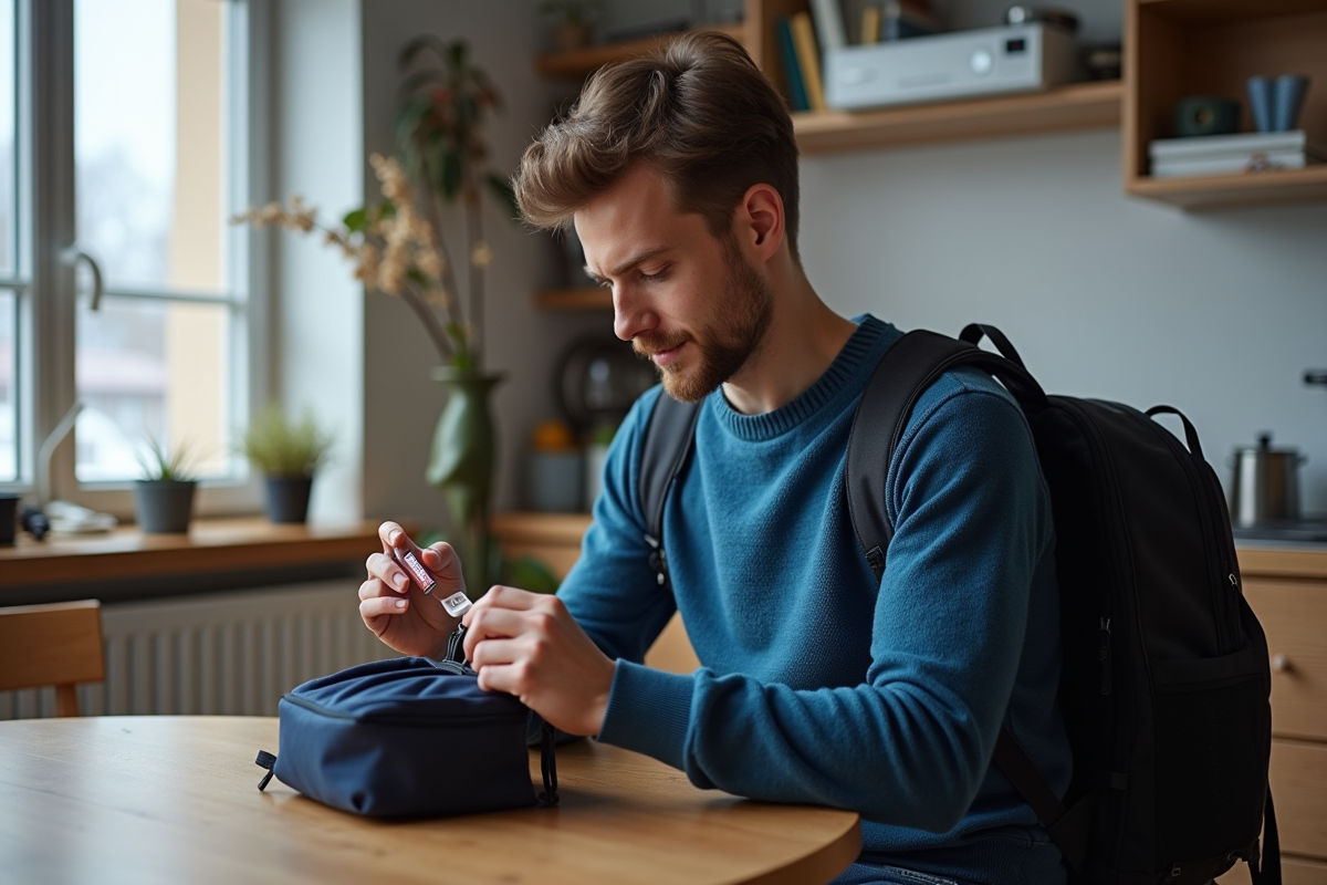 Jeune homme préparant son sac à la maison avec médicaments