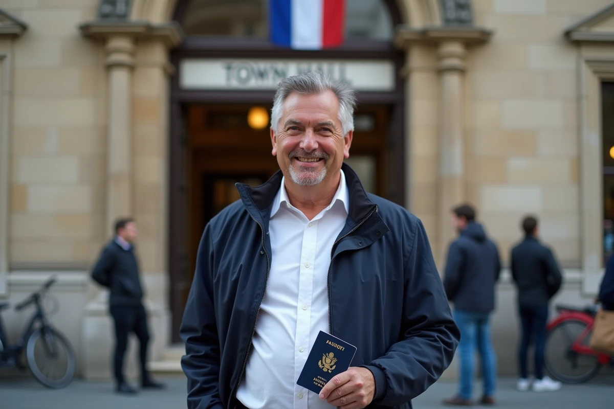 Homme souriant devant la mairie après renouvellement de passeport