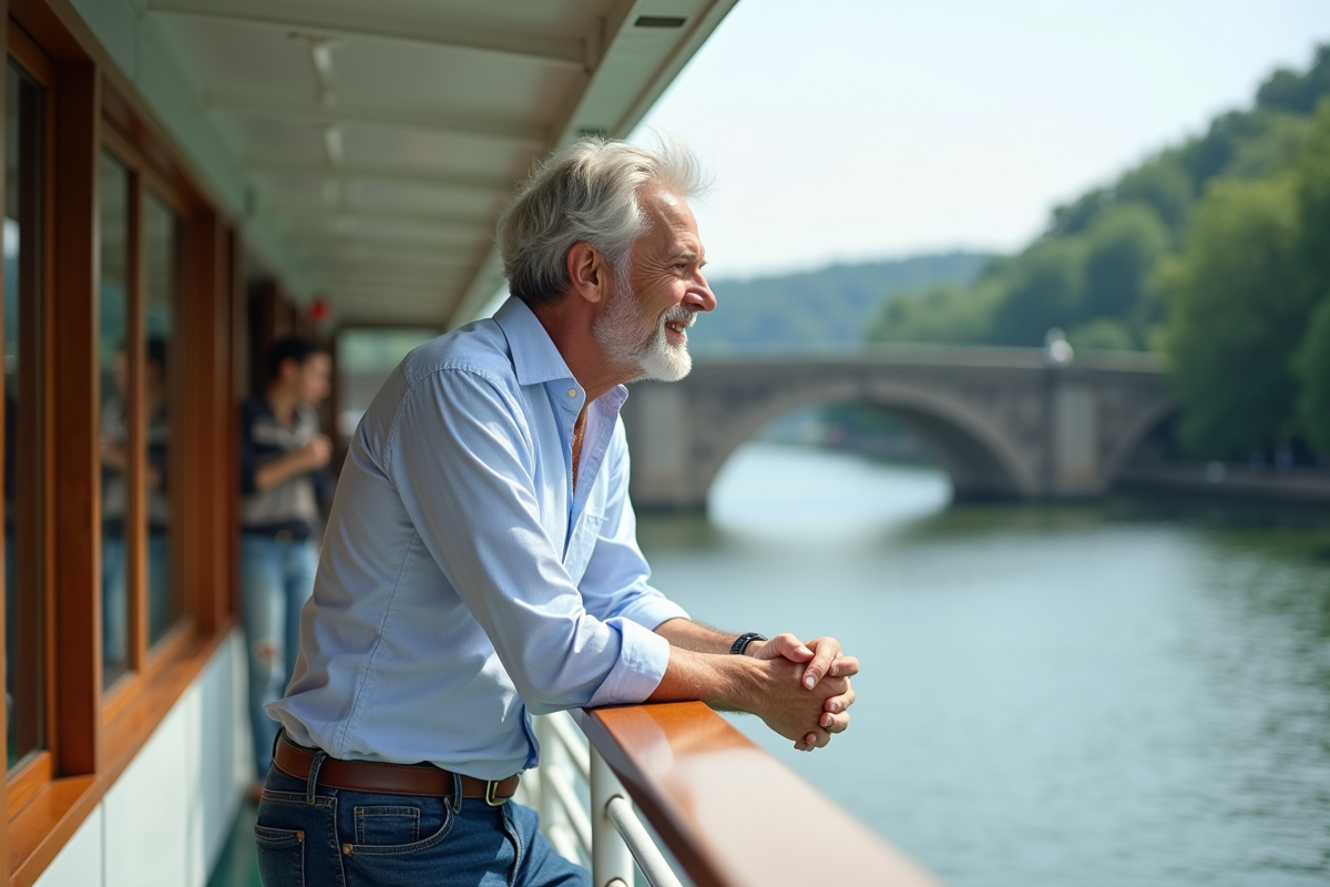 Homme en jeans regardant la rivière sur le pont du bateau