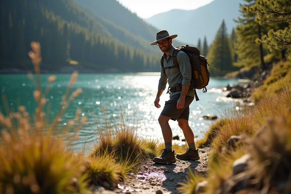Homme seul en randonnée au bord d’un lac en nature