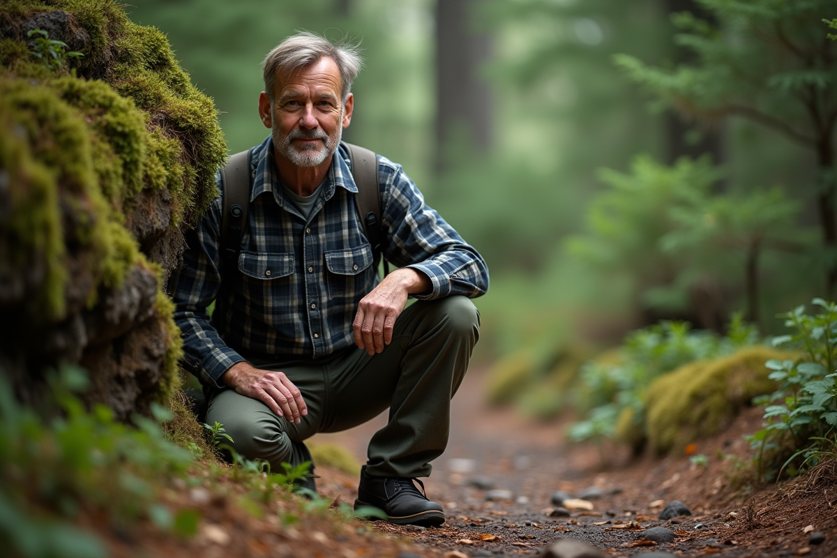 Homme en randonnée discrètement derrière un buisson en forêt
