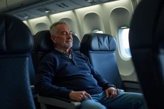 Homme d'âge moyen reposant dans l'avion avec sourire paisible