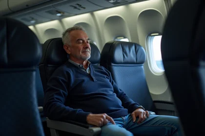 Homme d'&acirc;ge moyen reposant dans l'avion avec sourire paisible