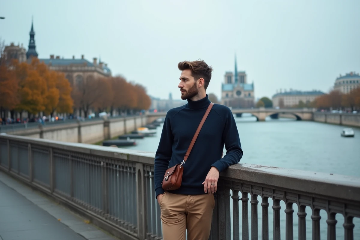 Homme seul contemplant la Seine depuis le Pont des Arts à Paris en automne