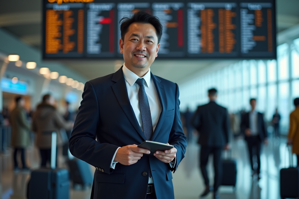 Homme d affaires en costume avec passeport devant panneau d aeroport