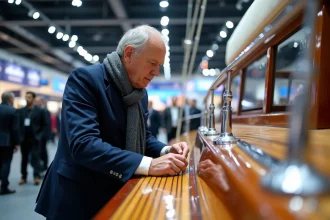 Homme en blazer navy examine un winch sur un yacht de luxe