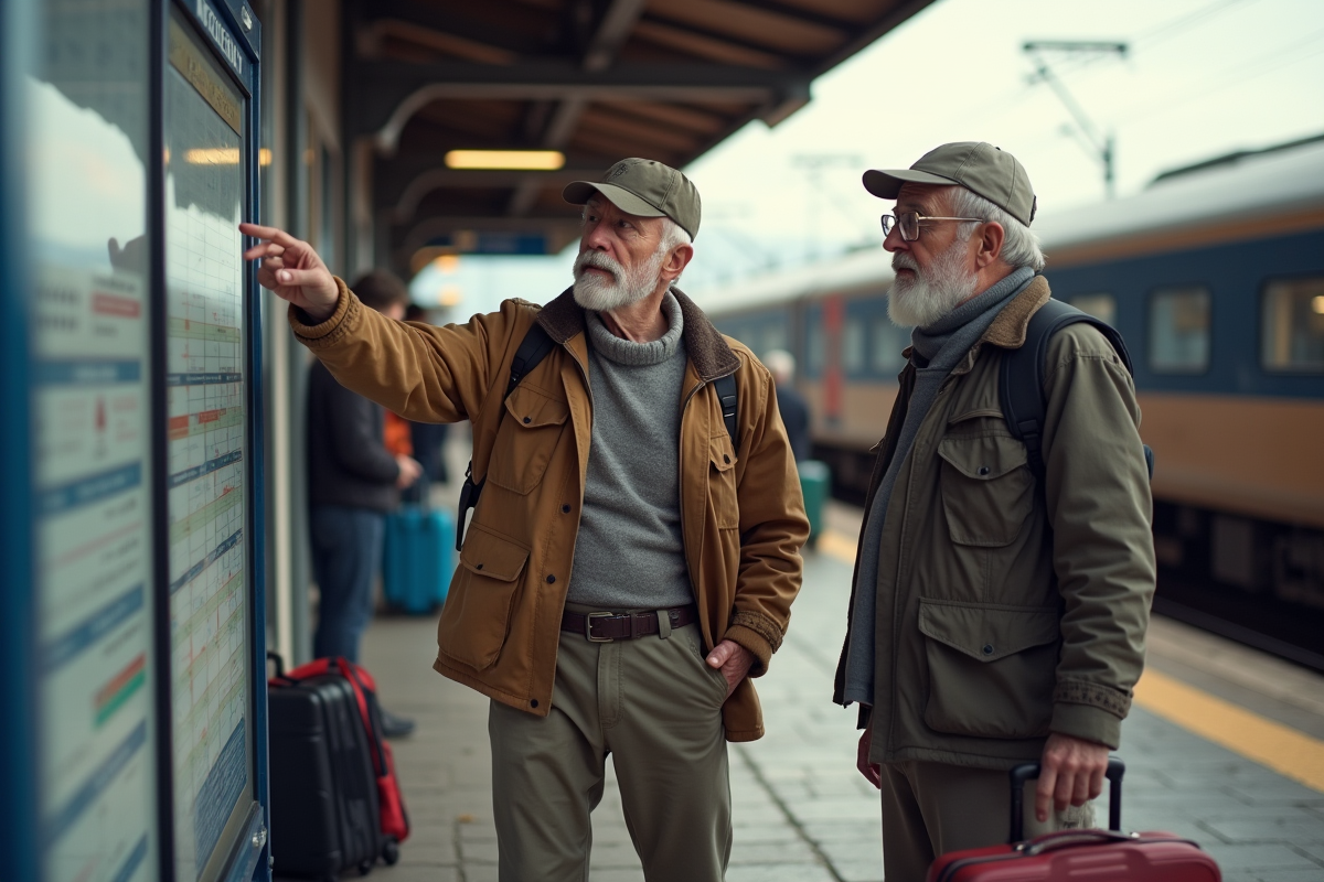 Deux hommes regardant horaire train en Europe