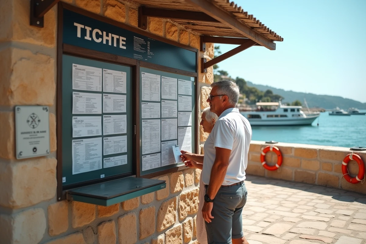 Couple consultant les horaires d'affichage de la navette maritime pour Porquerolles sur un panneau à l'embarcadère
