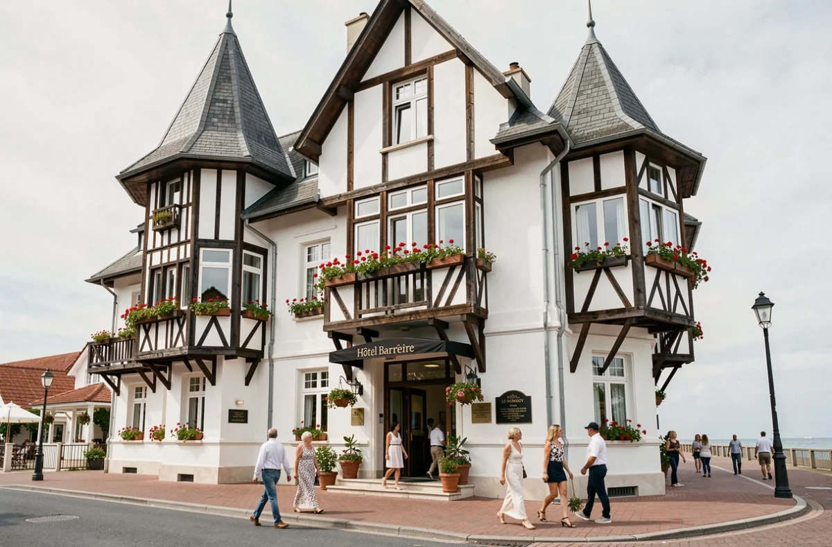 La façade iconique en blanc et colombages de l'Hôtel Barrière Le Normandy à Deauville avec ses balcons fleuris