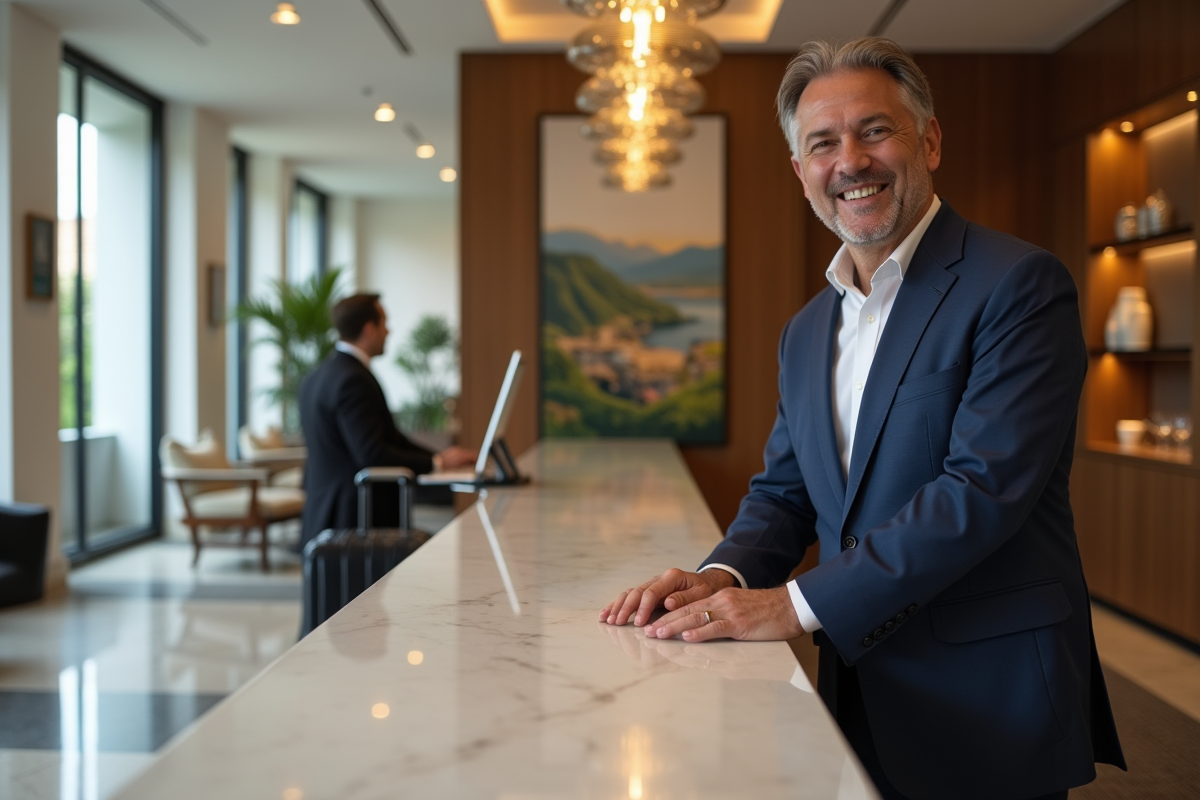 Homme en costume à la réception d'un hôtel accueillant