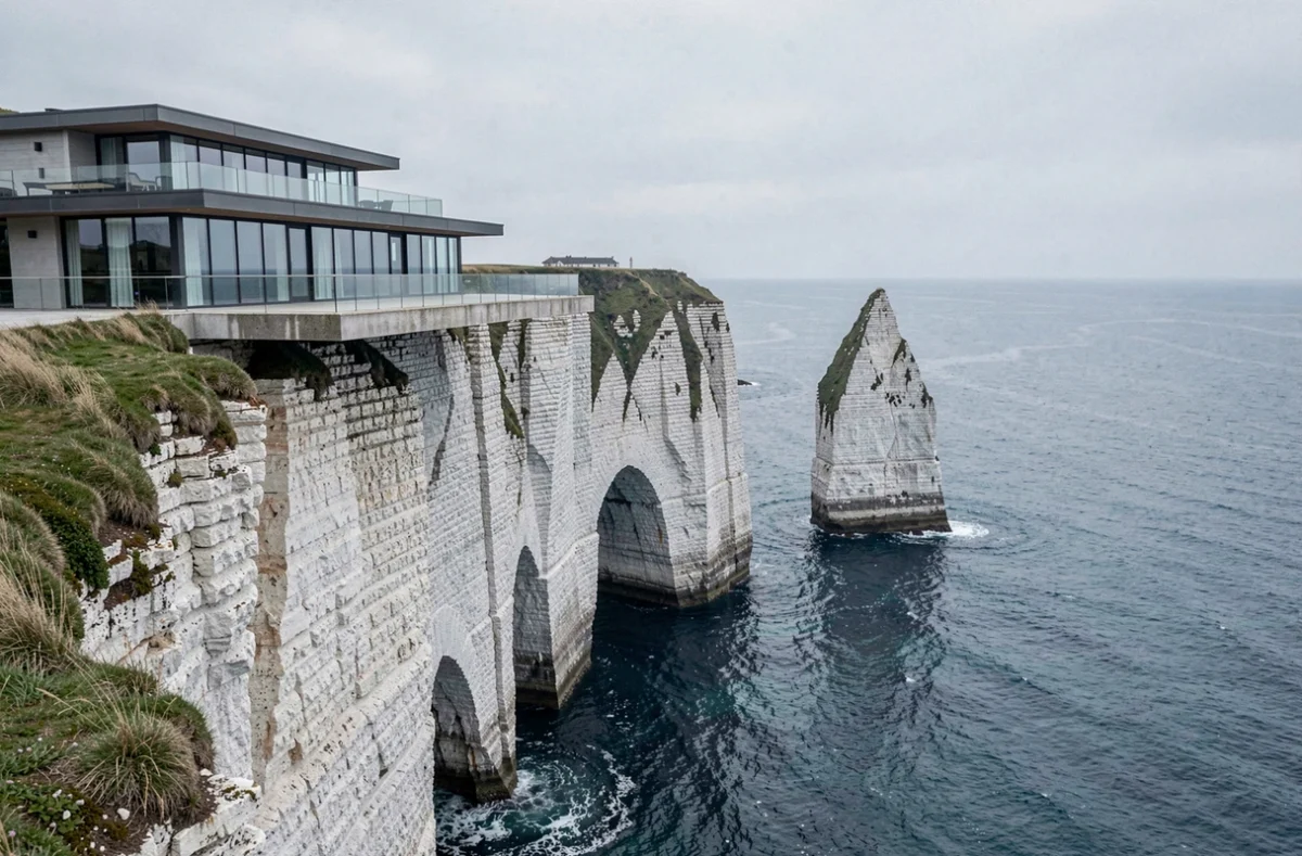 Les villas modernes de l'Hôtel Les Villas d'Étretat surplombant les falaises d'albâtre et l'arche naturelle emblématique