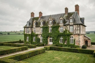 Vue panoramique d'un château normand de luxe entouré de jardins soignés, illustrant le top 10 des hôtels de luxe en Normandie
