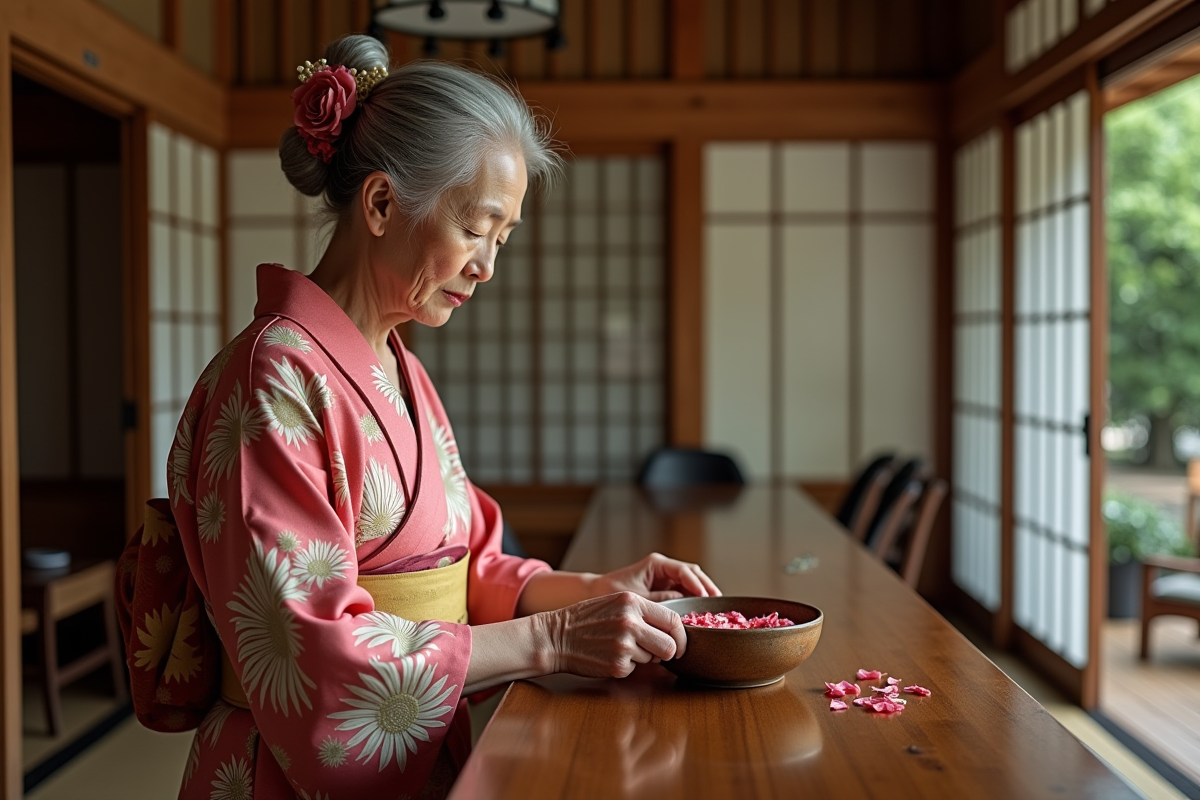 Hôtesse japonaise âgée en kimono arrangeant des fleurs dans un ryokan