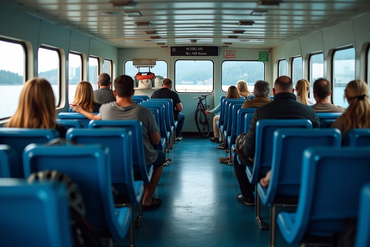 Intérieur d'un bateau passager en route vers Porquerolles avec des voyageurs assis et des vélos à bord