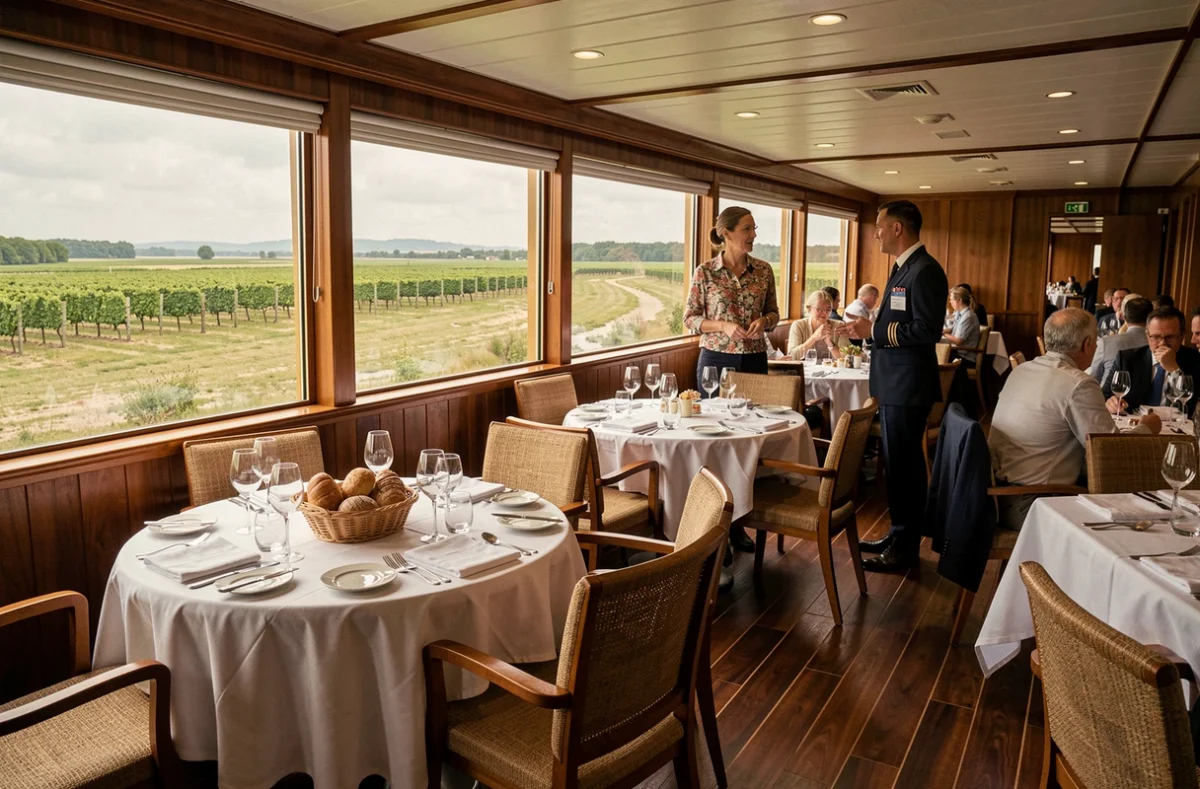 Salle à manger intérieure d'un bateau de croisière sur la Loire avec vue sur les vignobles