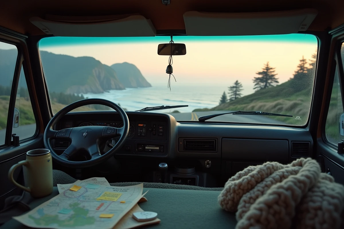 Intérieur d'un van aménagé avec une carte routière et des notes de voyage devant un paysage côtier de Californie au crépuscule