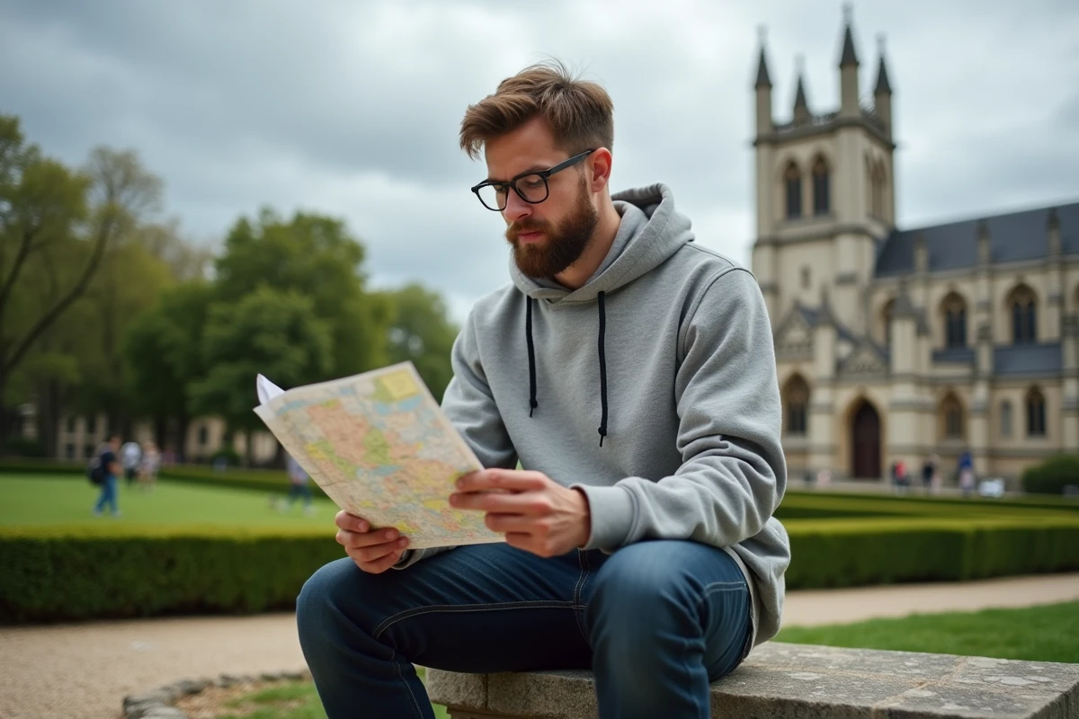 Voyageur consultant une carte gratuite dans les jardins publics près de la cathédrale Saint-Julien du Mans