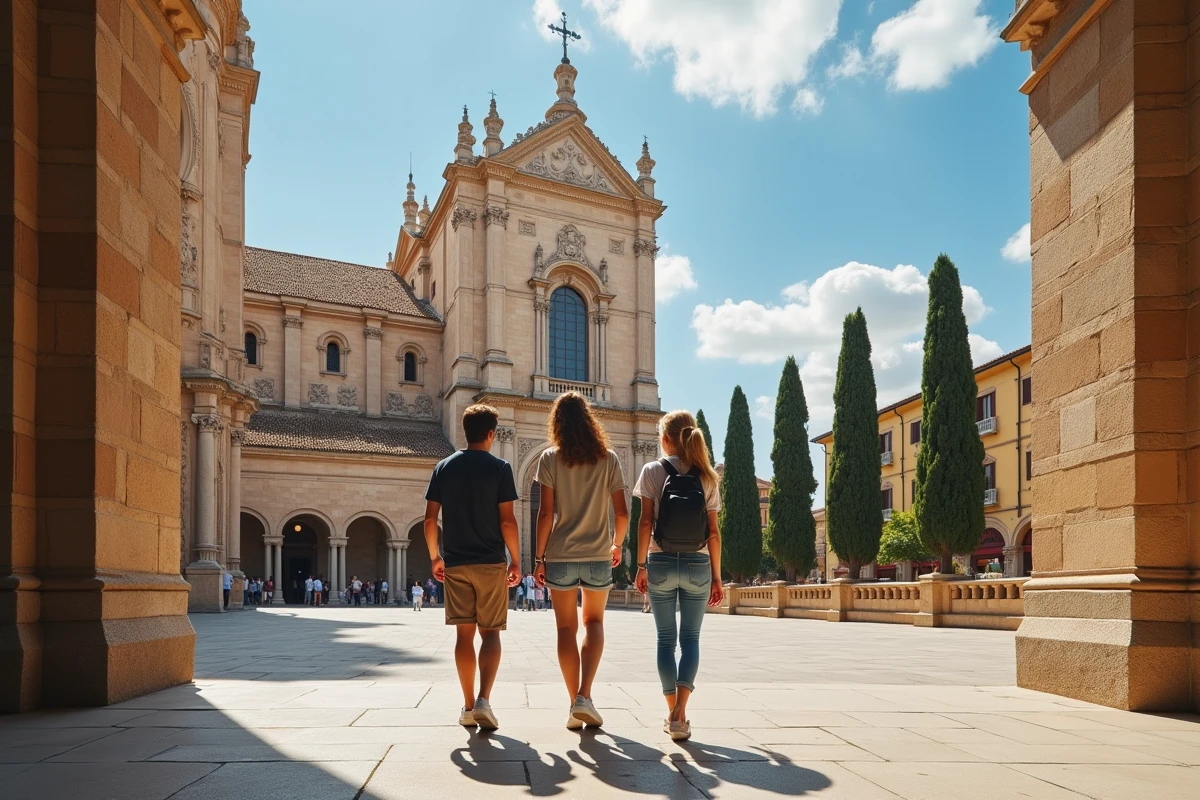 Jeune couple d&eacute;couvrant la fa&ccedil;ade de la cath&eacute;drale