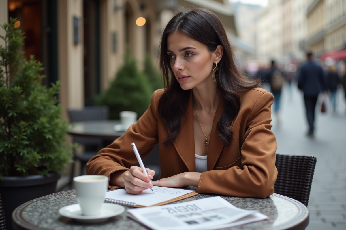 Jeune femme écrivant à un café parisien en extérieur