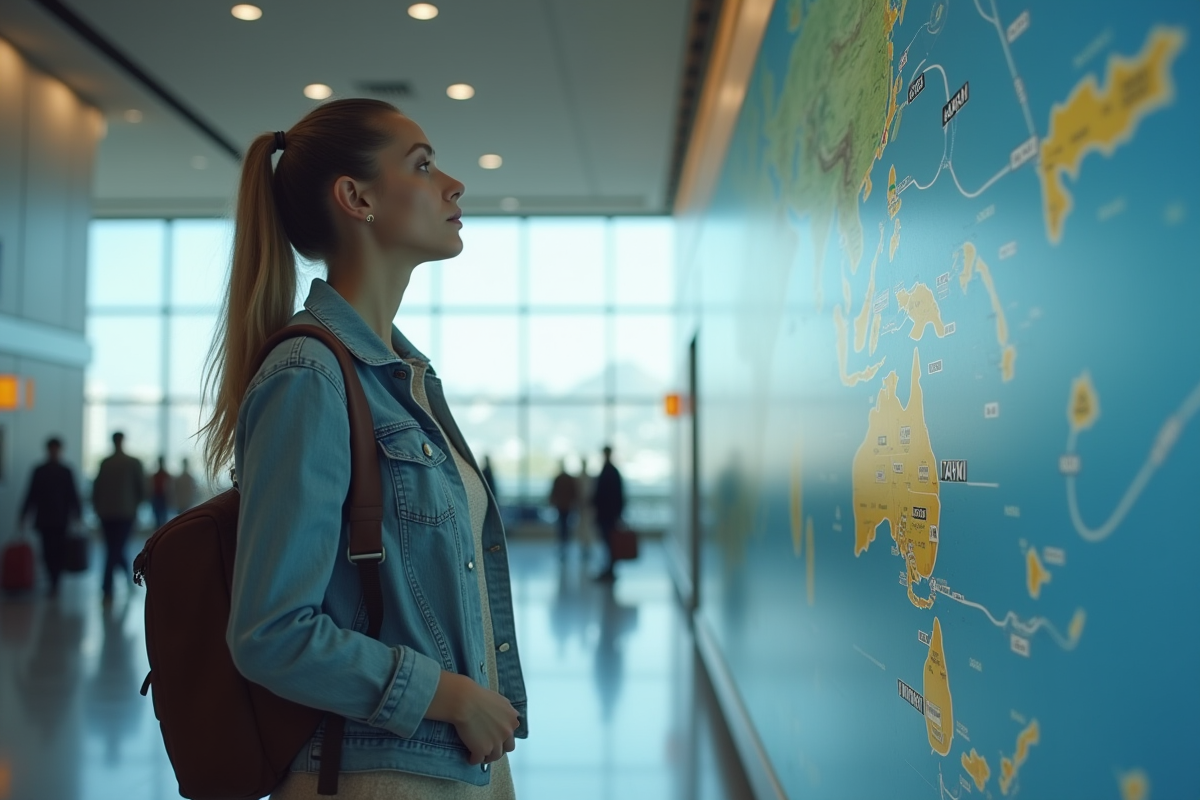 Jeune femme regardant une carte de vol à l'aéroport