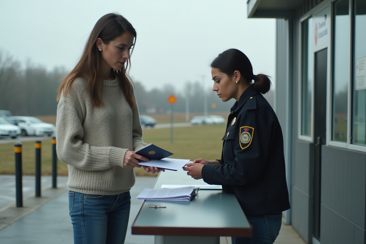 Jeune femme présentant son passeport au poste de douane extérieur