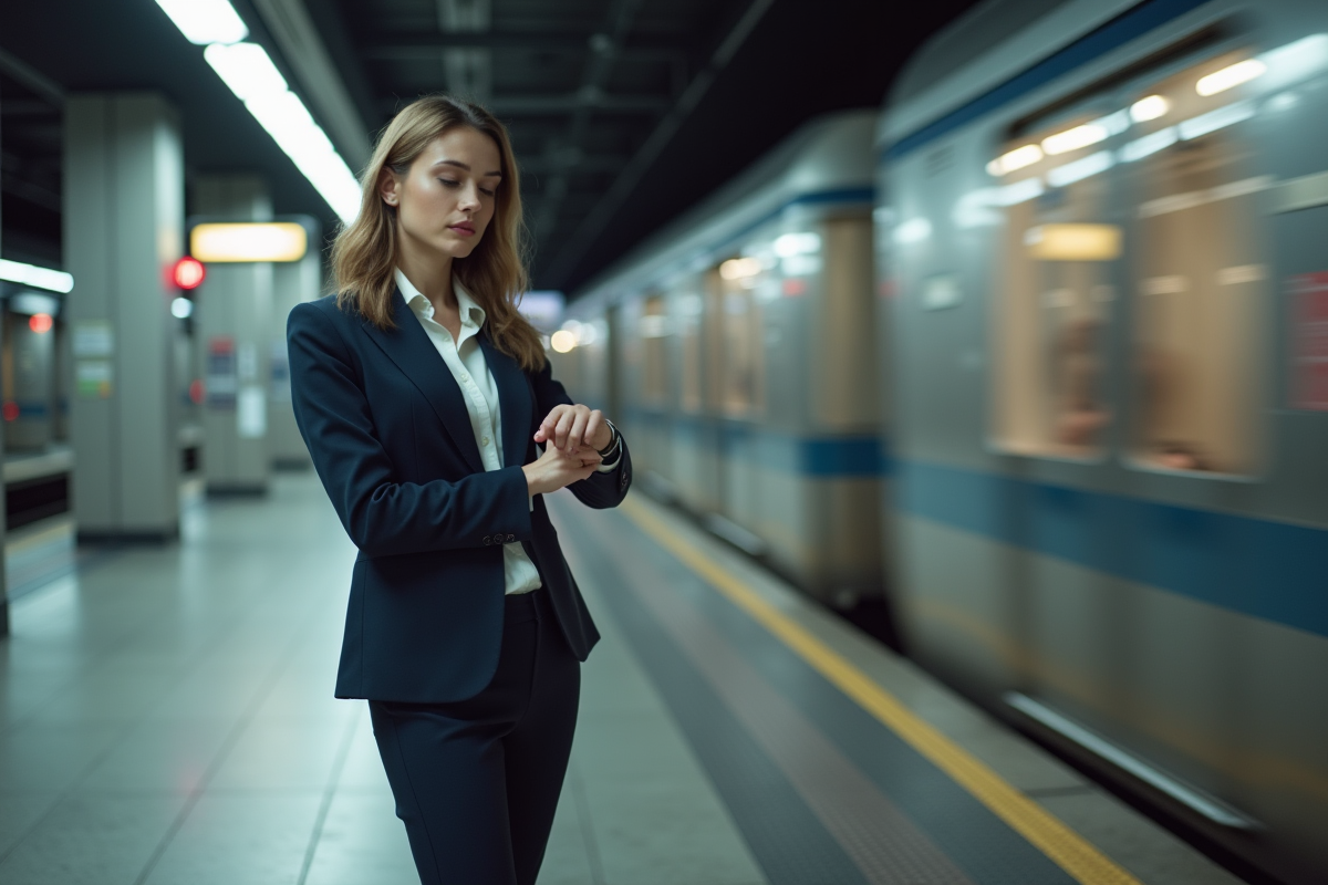 Jeune femme en costume dans le métro en regardant sa montre
