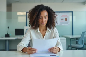 Jeune femme vérifiant un formulaire de passeport dans un bureau officiel