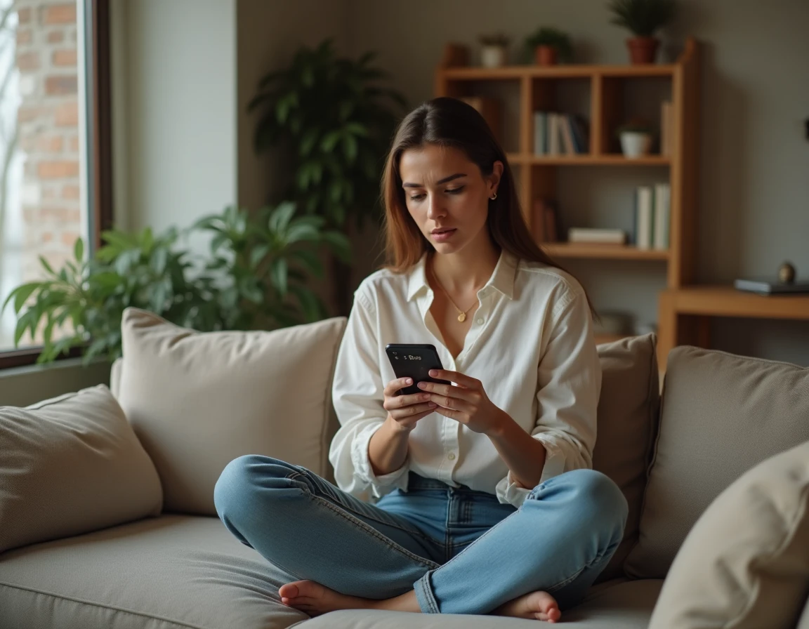 Jeune femme dans son salon consultant une notification d'appel manqué avec le préfixe téléphonique +39 indiquant l'Italie