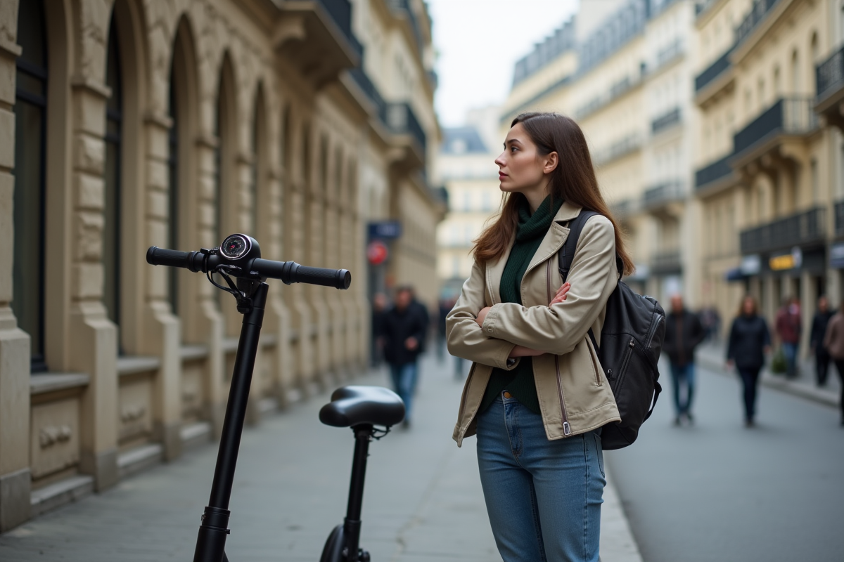 Jeune femme regardant un scooter électrique à Paris
