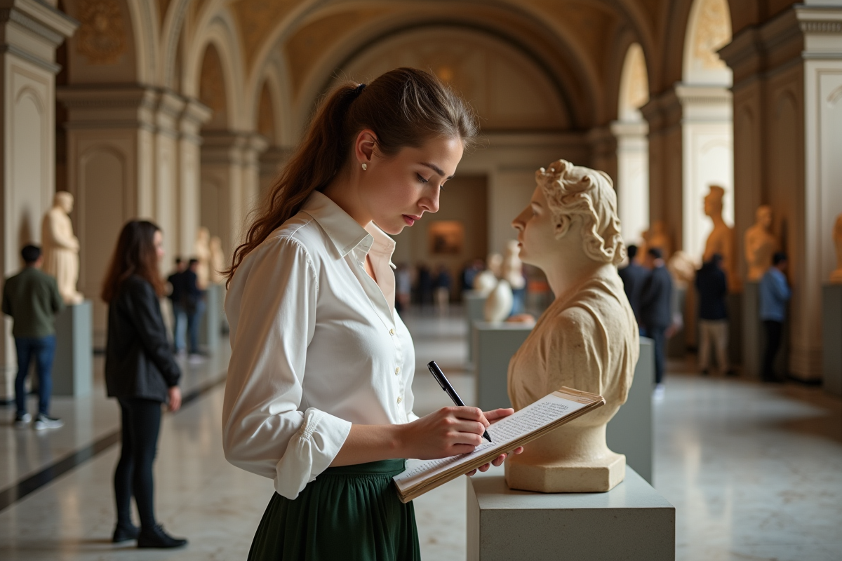 Jeune femme dessinant une sculpture dans un musée