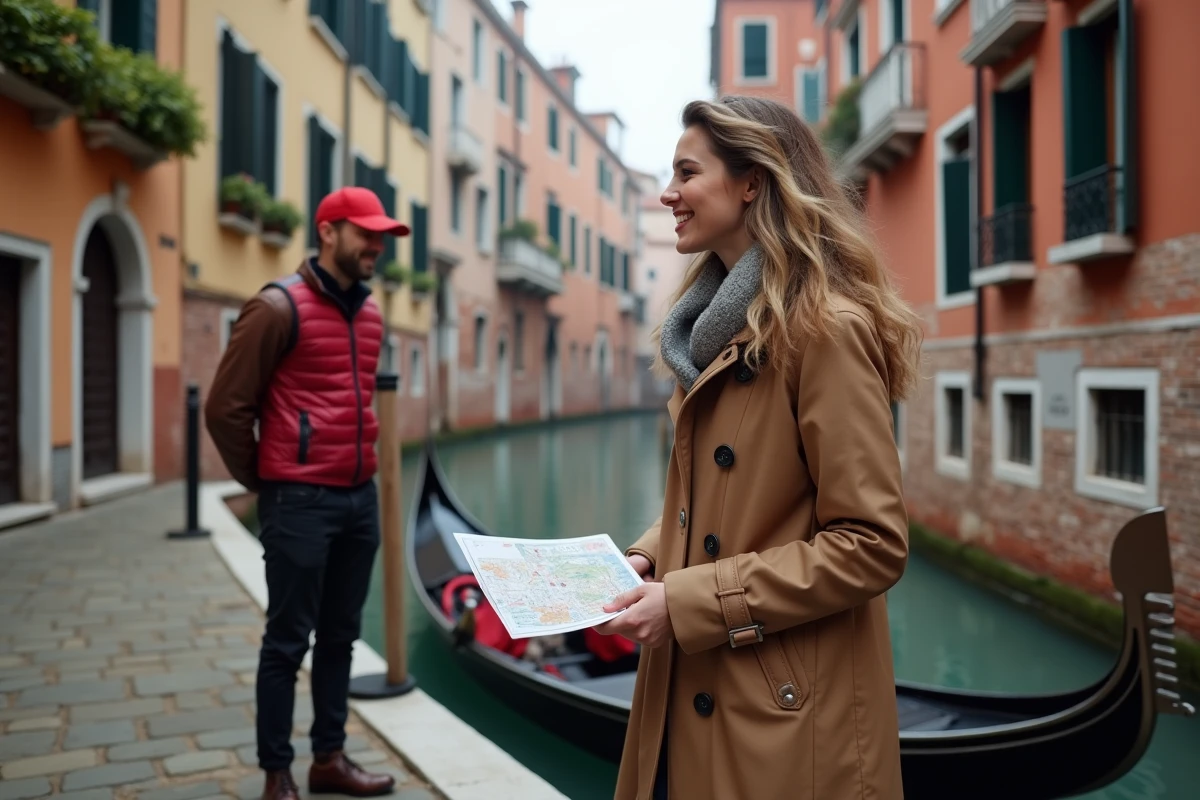 Jeune femme avec carte à Venise près d