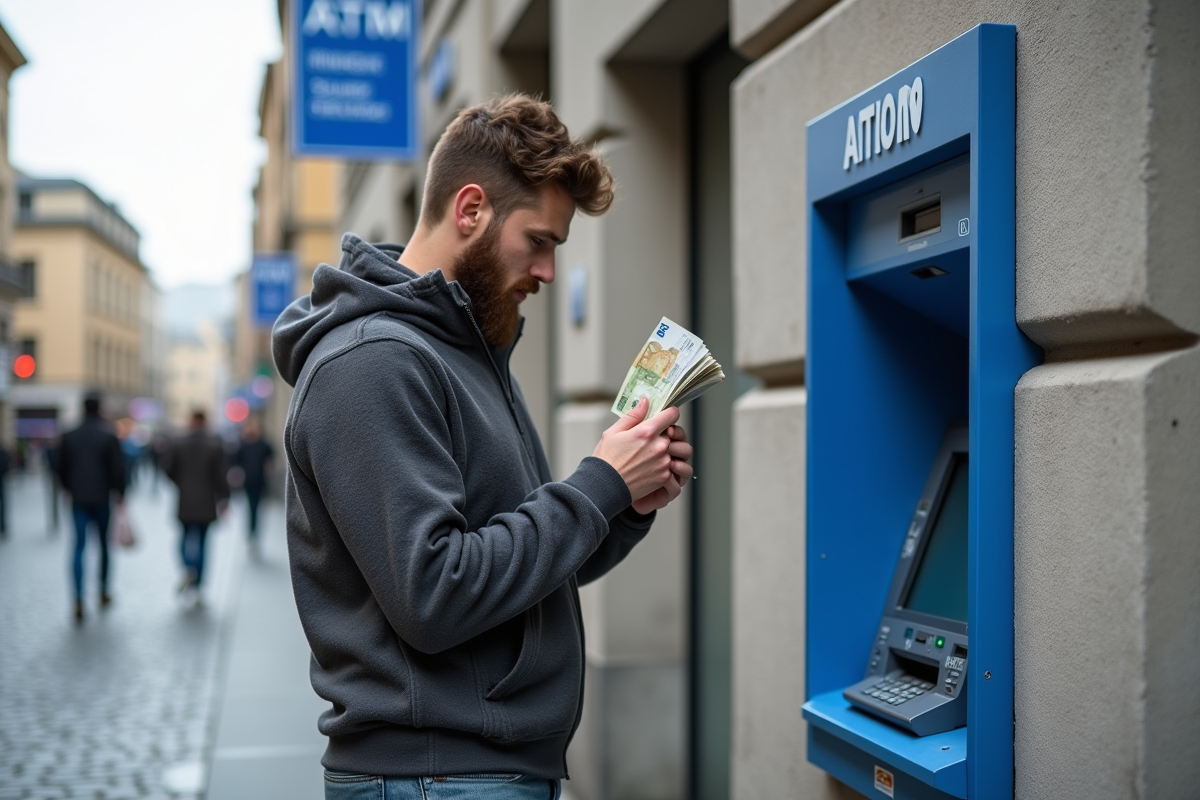 Jeune homme regardant des billets devant un ATM
