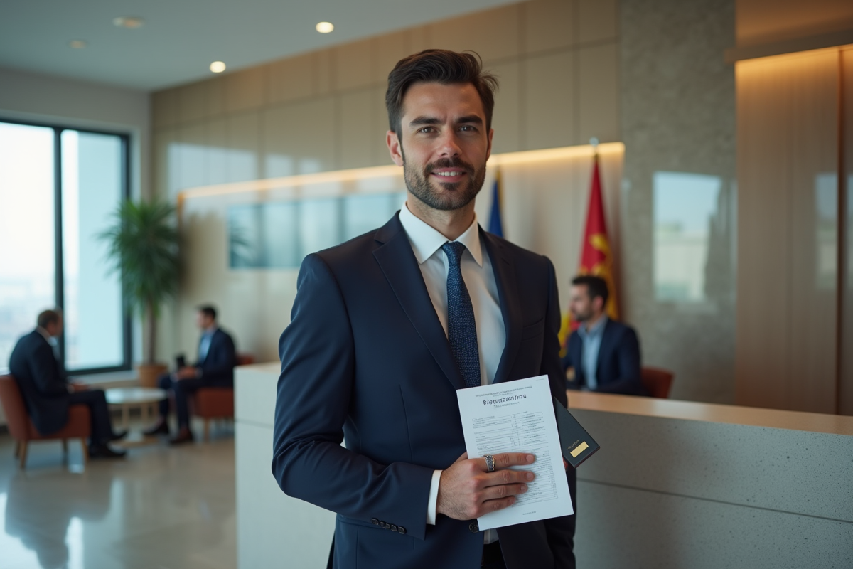 Jeune homme en costume avec passeport dans un consulat