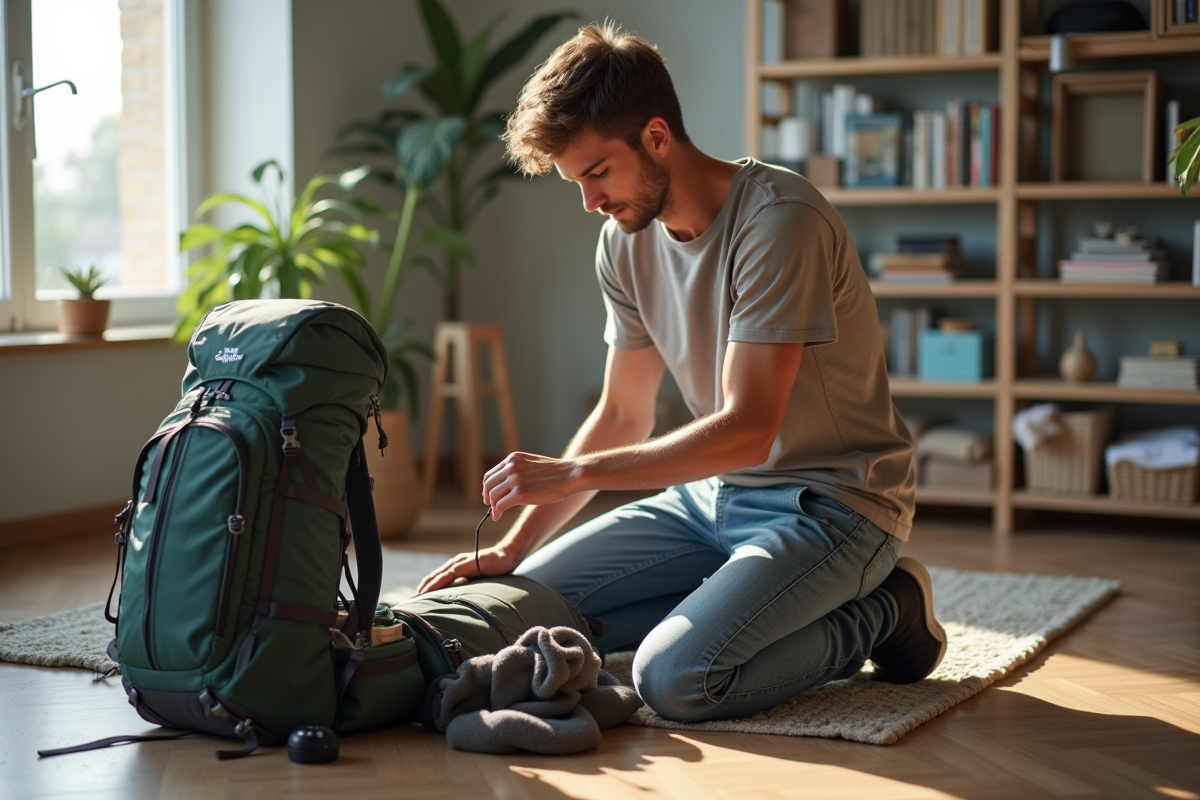 Jeune homme remplissant un sac à dos dans un salon lumineux