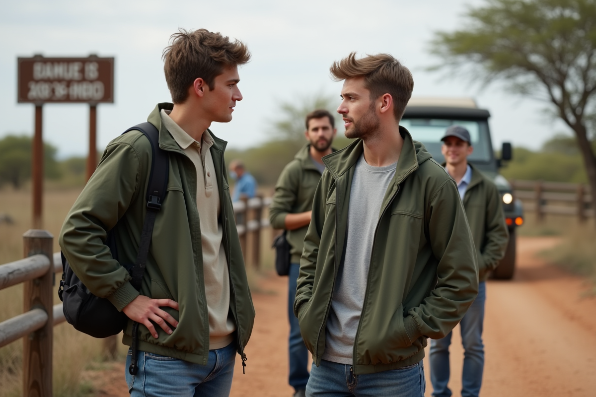 Jeune homme écoute un guide de safari près d une barrière