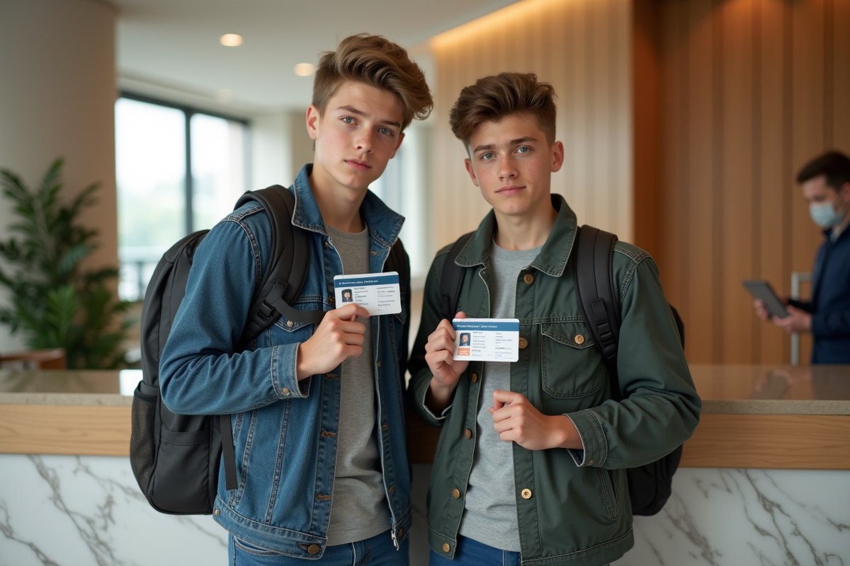 Adolescent et ami à la réception d'hôtel avec sacs à dos