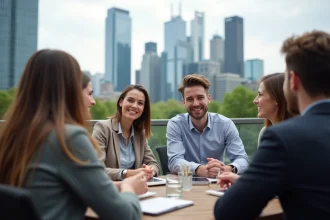 Groupe de jeunes professionnels à Frankfurt en terrasse