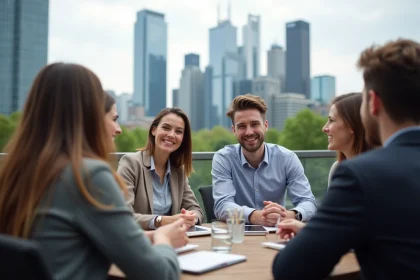 Groupe de jeunes professionnels &agrave; Frankfurt en terrasse