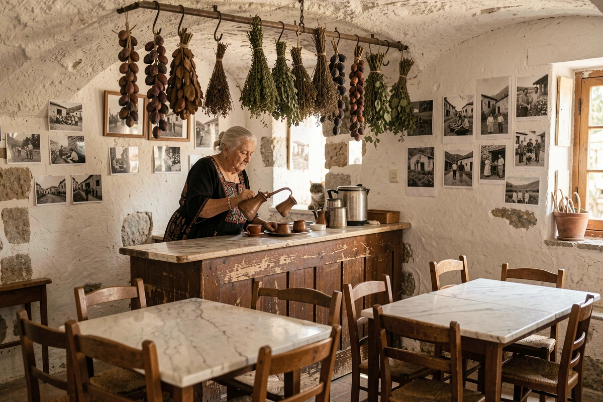 Intérieur authentique d'un kafeneion traditionnel à Aréopoli dans le Magne avec femme grecque servant un café