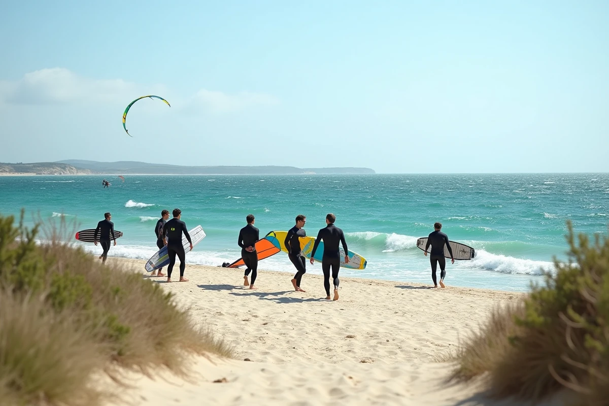 Pratiquants de kitesurf et windsurf sur la plage ventée de Leucate Village au bord de la lagune