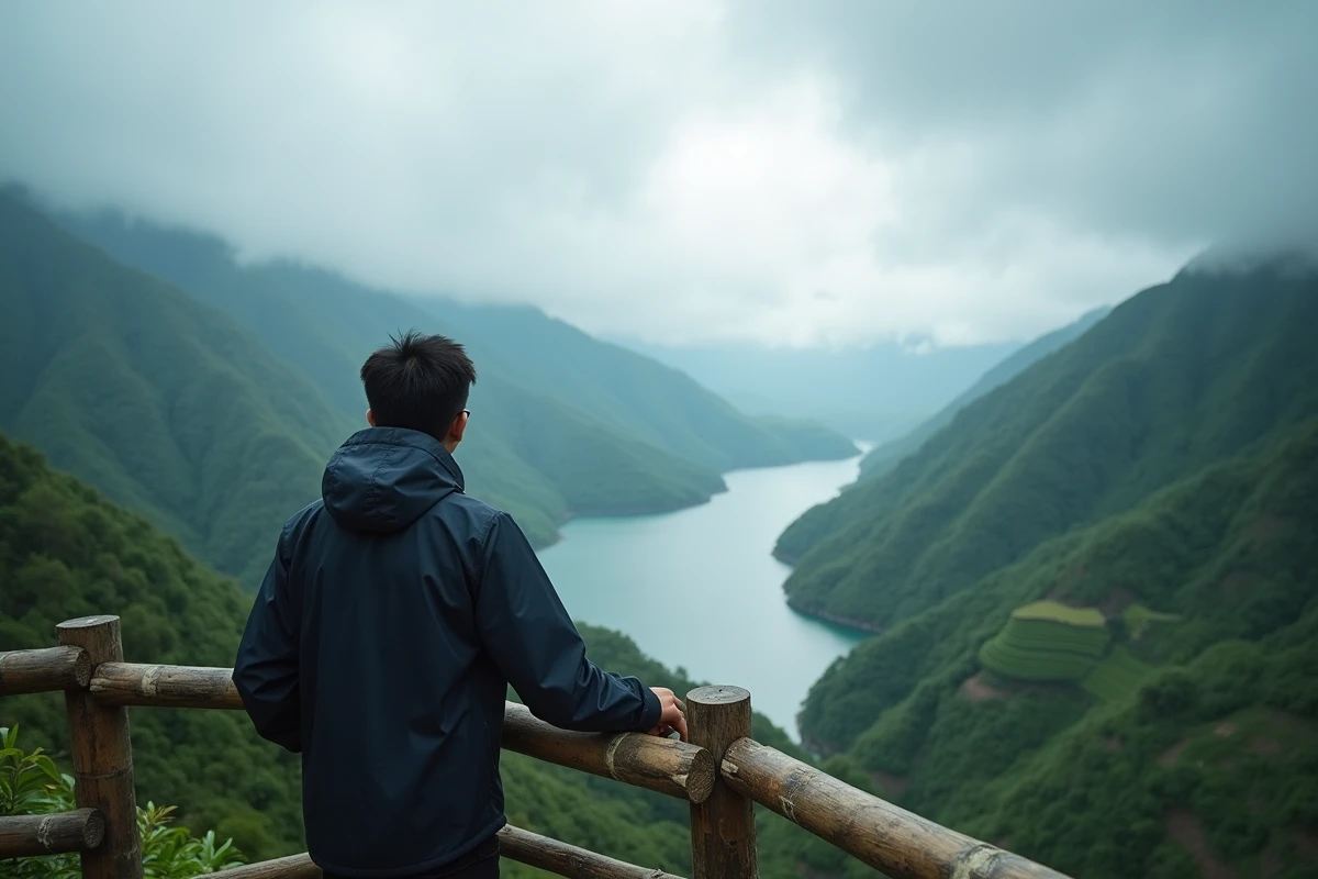 Paysage de brume et terrasses verdoyantes autour du lac Sebu à Mindanao hors saison, jeune homme contemplant la vallée depuis une plateforme en bambou